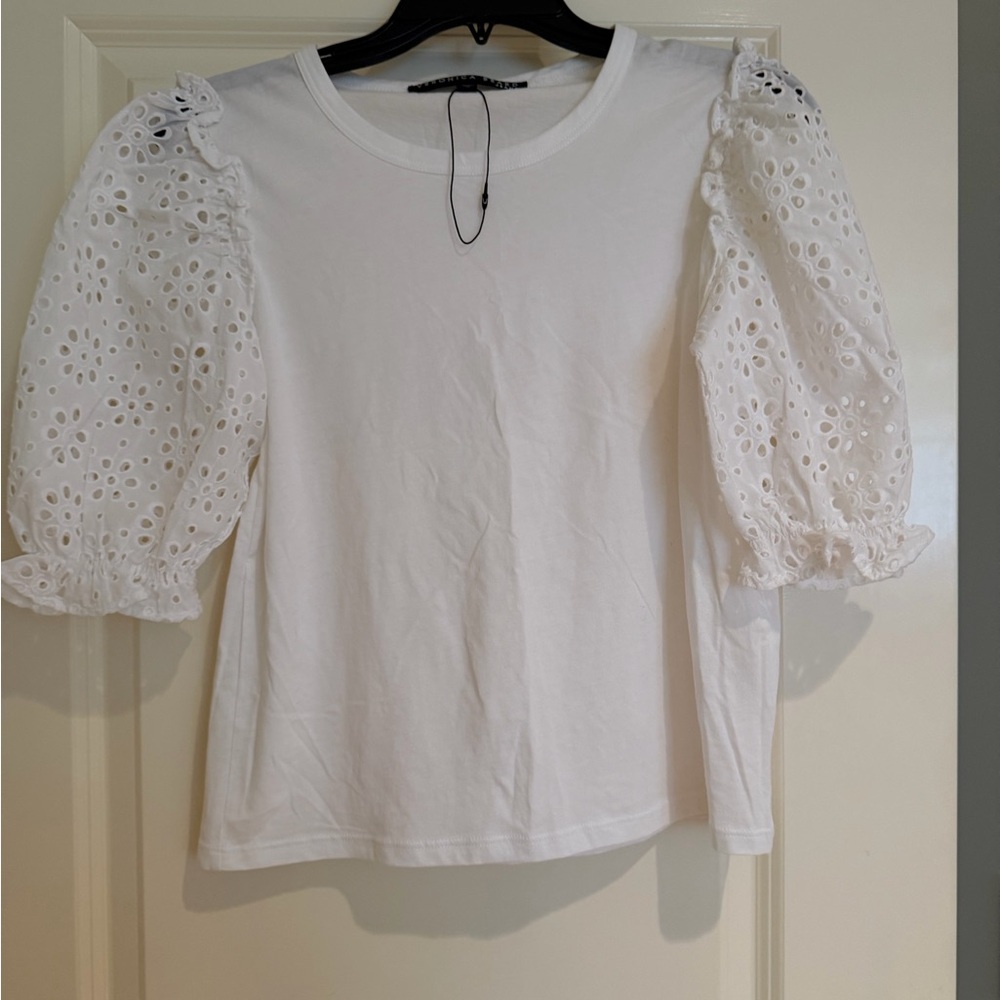 Veronica Beard White Eyelet Puff-Sleeve Tee